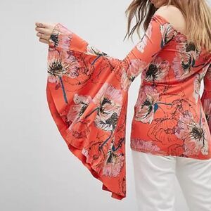 Free People Birds of Paradise Coral Orange Floral Print Top